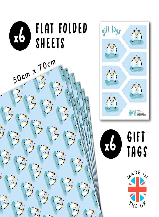 CENTRAL 23 6 Sheets of Blue Wrapping Paper - Penguins and Hearts - For Anniversary - Gift Wrap Sheets for Husband Wife - Valentines Day Wrapping Paper for Boyfriend Girlfriend - Recyclable - Image 2